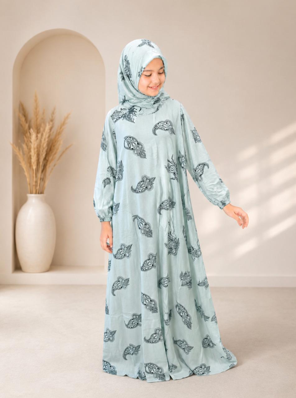 Kids Pure Cotton Prayer Dress with Attached Khimar & Front Zipper